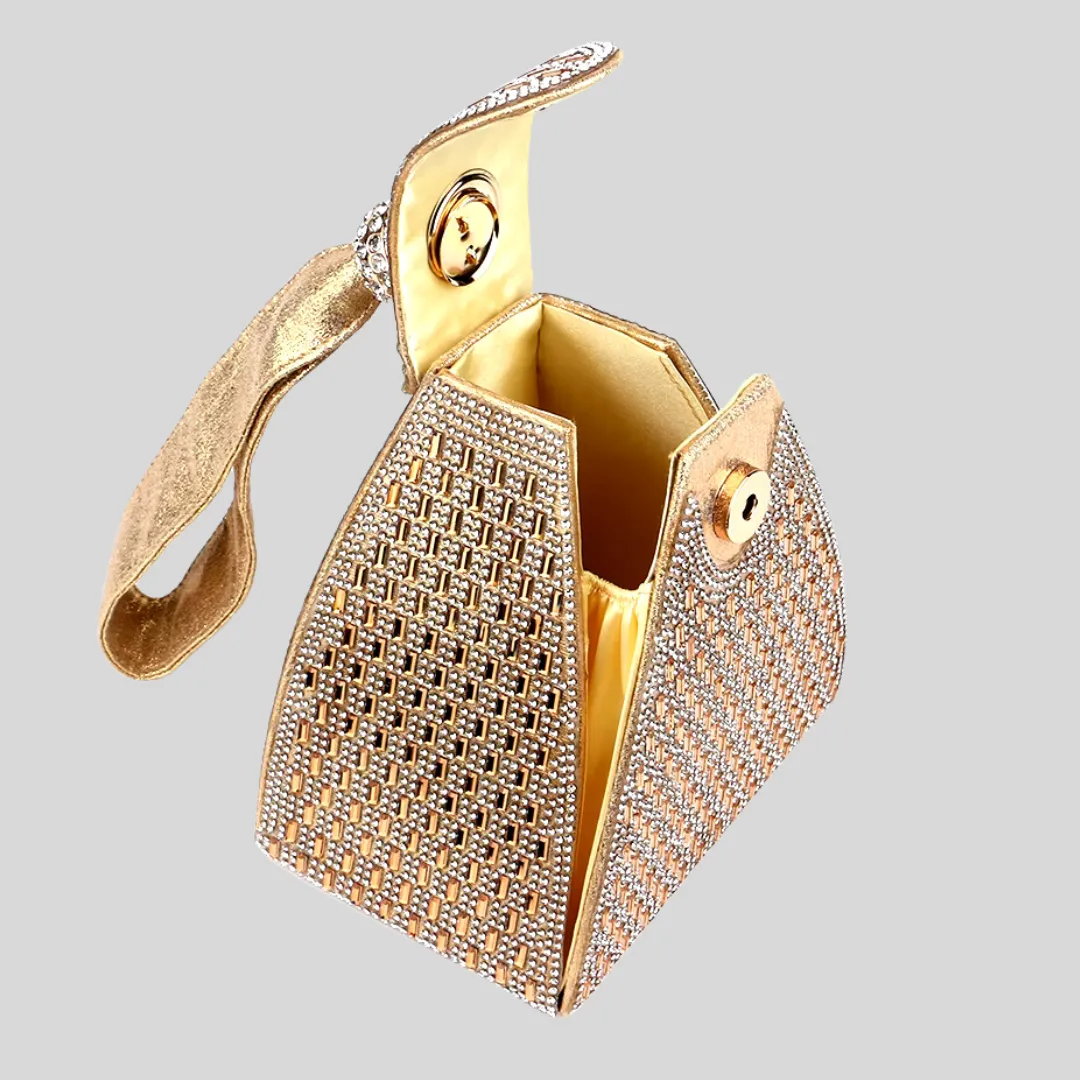 Triangular Metallic Bag with Golden Stones - Gold - Black - Silver