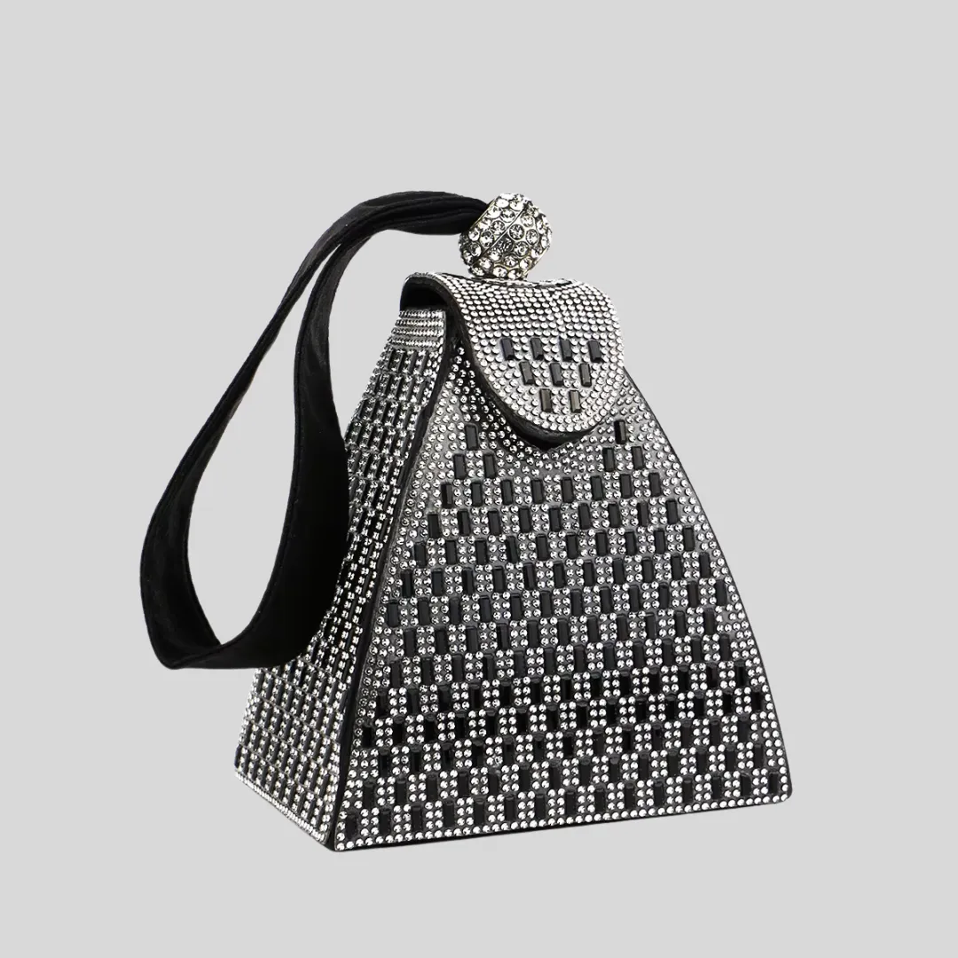Triangular Metallic Bag with Golden Stones - Gold - Black - Silver